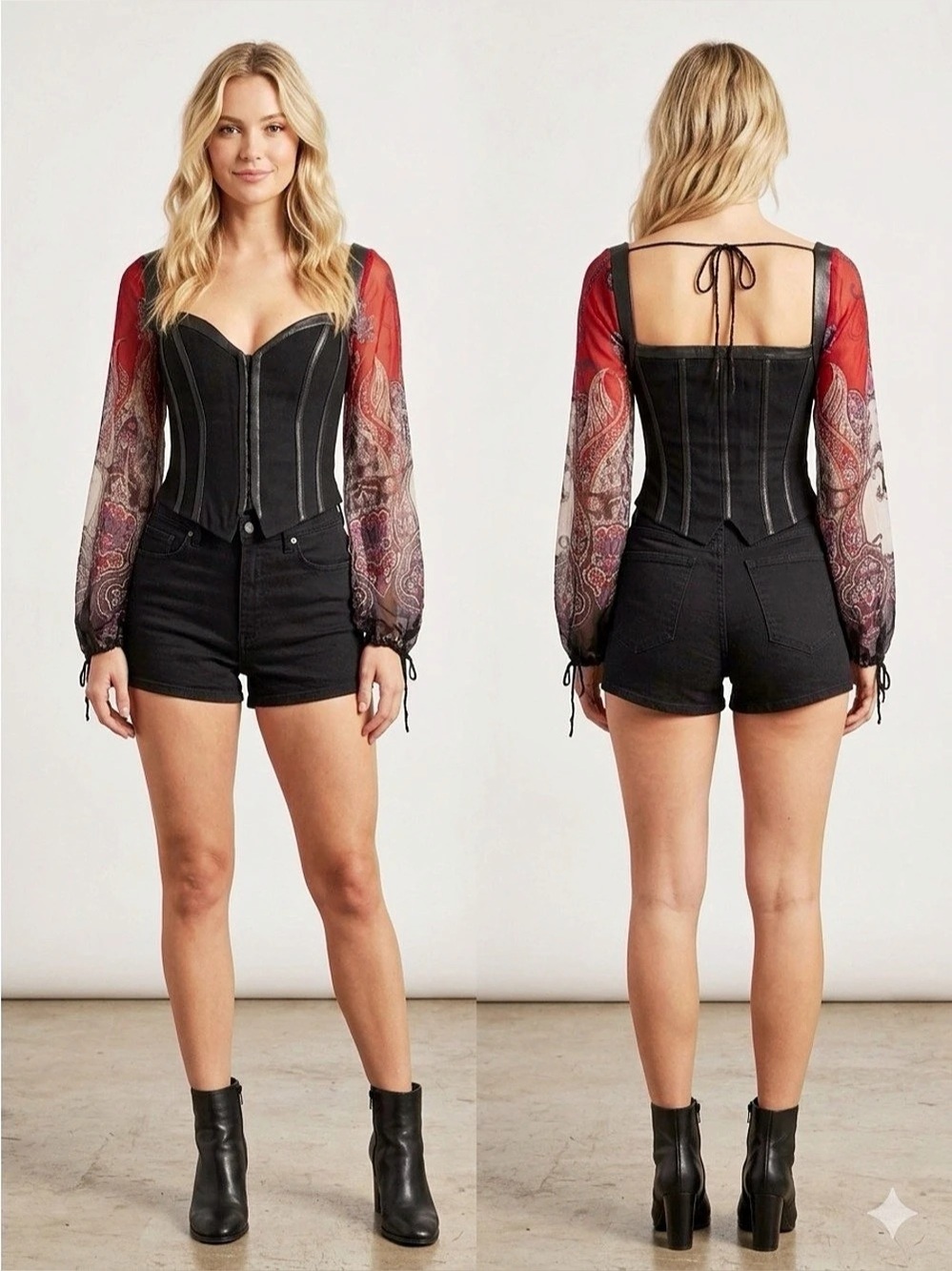 Bebe Stunning Black Corset Top with Faux Leather Trim & Paisley Mesh Balloon Sle